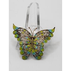 Vintage Filigree Enamel Butterfly Brooch Marked Silver Art Nouveau Style